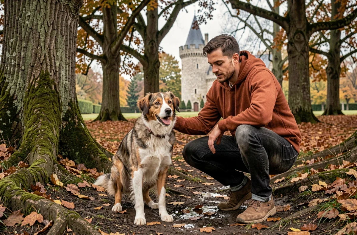 A Free Dog : éducateur canin avec un chien en liberté dans les bois près de Châteaugiron