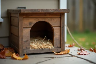 Abri isolé en bois pour chat errant avec litière de paille sur un porche de banlieue en automne