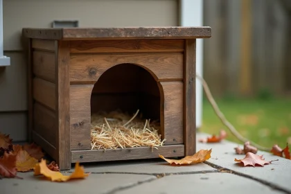 Abri isolé en bois pour chat errant avec litière de paille sur un porche de banlieue en automne