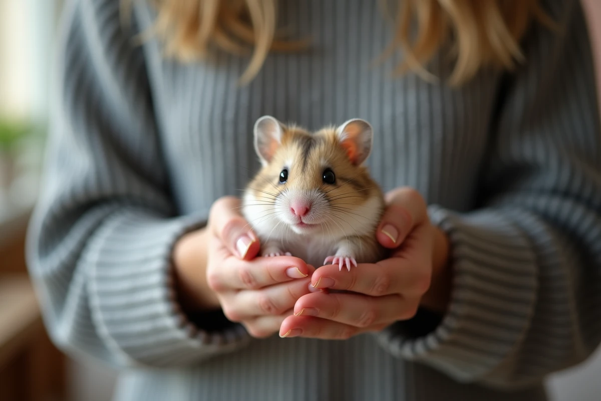Personne tenant délicatement un hamster russe âgé dans ses mains, illustrant l'accompagnement affectueux en fin de vie
