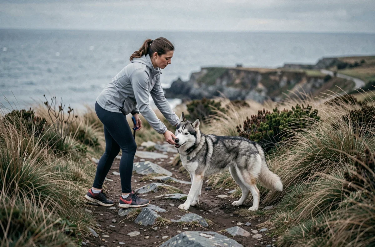 A'chill Skol : éducatrice canine avec un husky sur un sentier côtier près de Bannalec