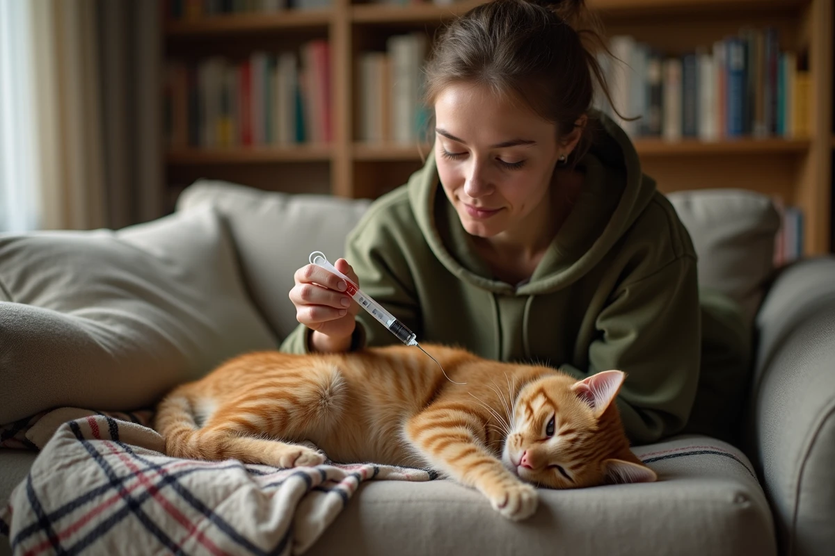 Jeune femme administrant un médicament oral à son chat roux avec une seringue sur un canapé à carreaux