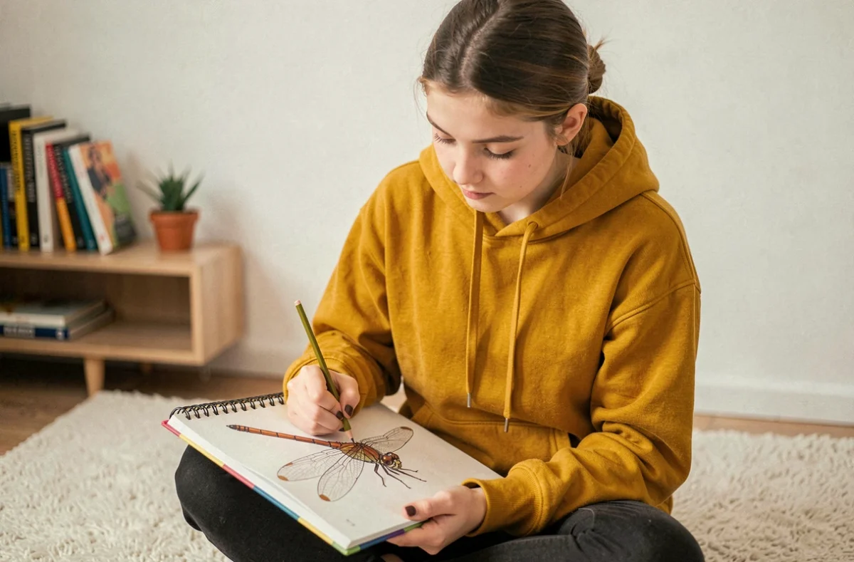 Adolescente dessinant une libellule aux crayons de couleur dans sa chambre sur un carnet de croquis