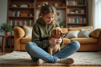 Adolescente assise sur le sol jouant avec un chiot golden retriever dans un salon chaleureux, illustrant le pet sitting pour les jeunes