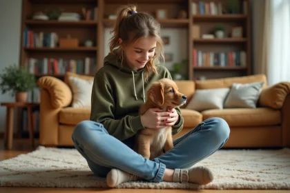 Adolescente assise sur le sol jouant avec un chiot golden retriever dans un salon chaleureux, illustrant le pet sitting pour les jeunes