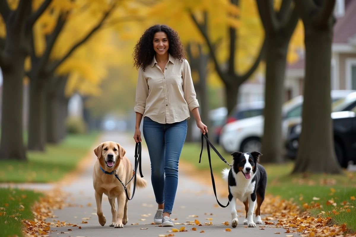 Jeune femme promenant deux chiens en laisse dans un quartier résidentiel en automne, représentant le métier de pet sitter professionnel