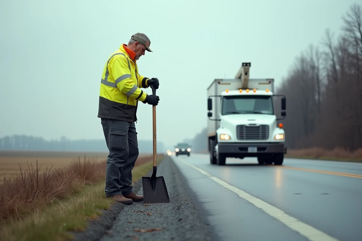 Agent municipal de voirie avec une pelle au bord d'une route nationale lors d'une opération de ramassage d'animaux