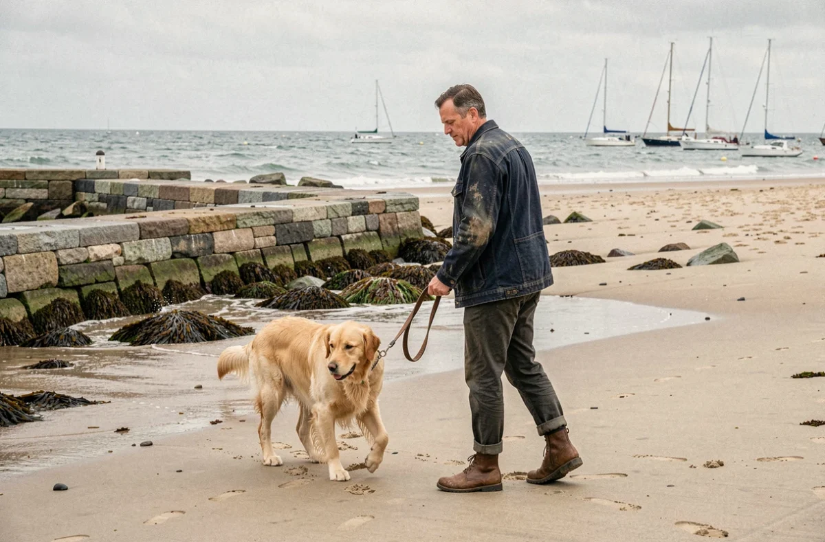 All'Os à Moelle : éducateur canin promenant un golden retriever sur la plage de Larmor-Plage