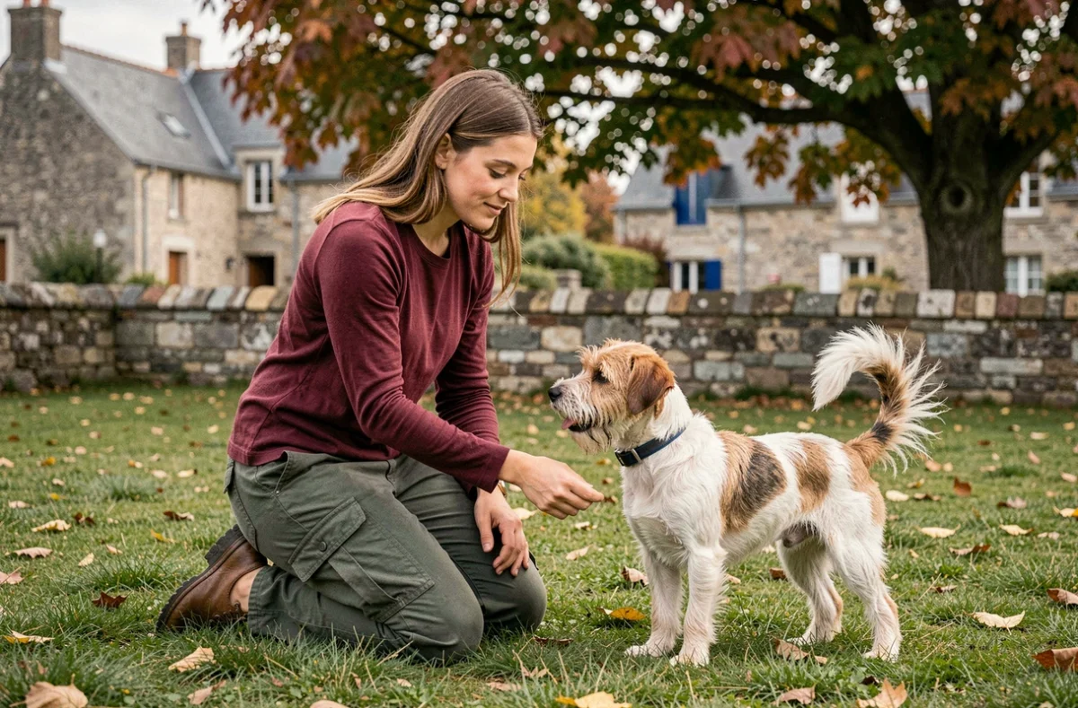 Amandine Samson : éducatrice canine en séance de renforcement positif avec un terrier à Plouay
