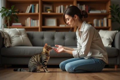 Femme qui apprivoise doucement un chat tigré méfiant dans un salon chaleureux