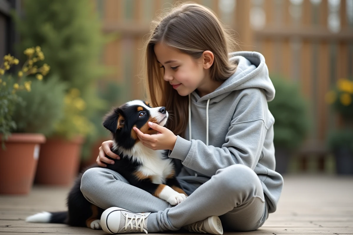 Adolescente en train d'apprivoiser un chiot border collie sur une terrasse en bois