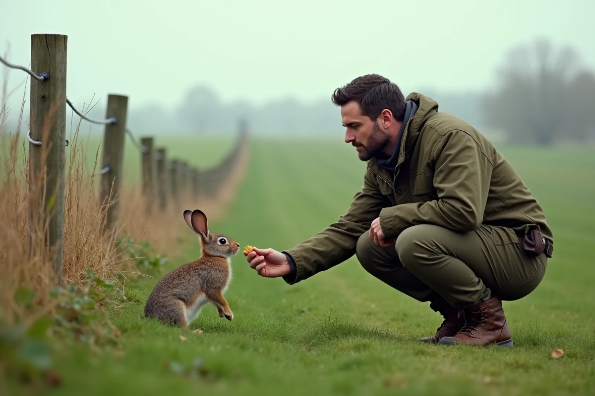 Homme qui tente d'apprivoiser un lapin sauvage dans un champ herbeux