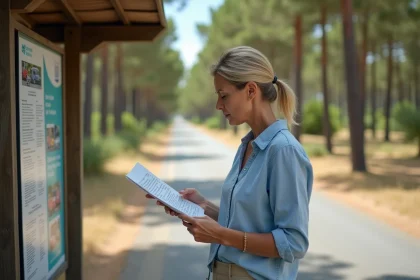 Femme consultant un horaire de bus à un arrêt sur l'avenue de Royan aux Mathes près du Zoo de La Palmyre