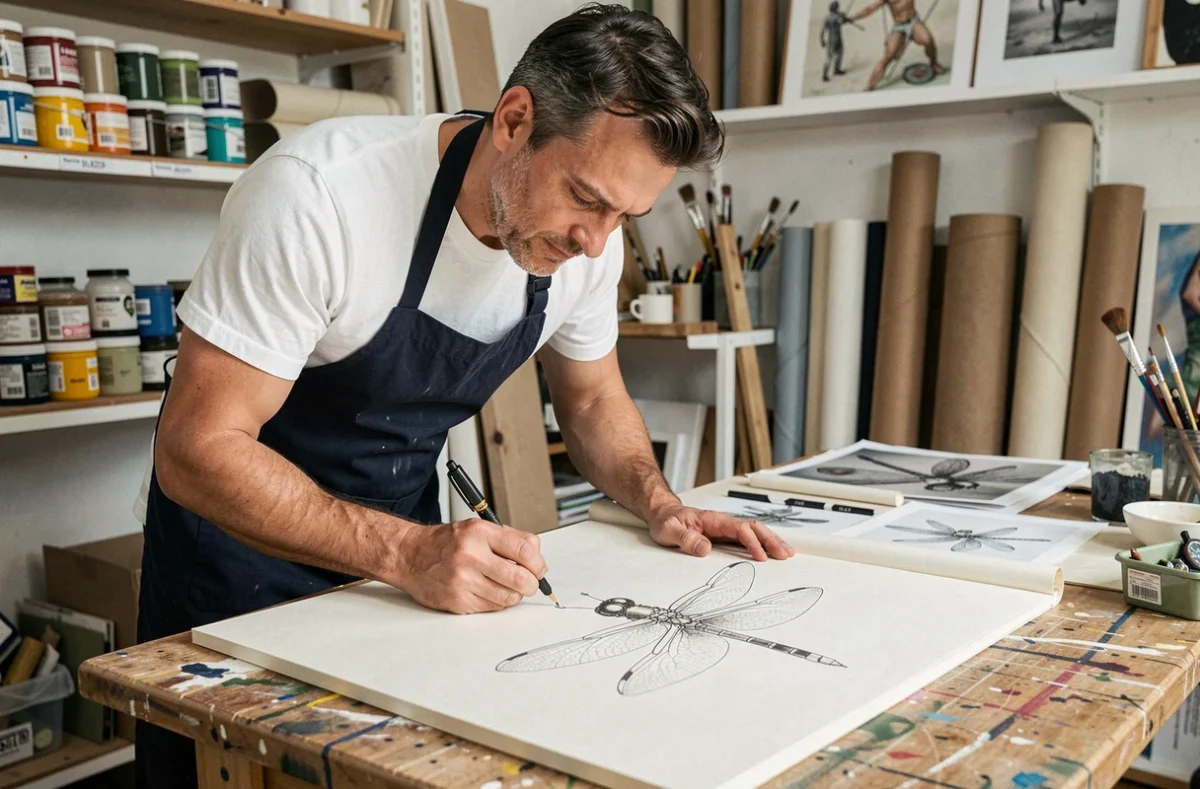 Artiste masculin dessinant les étapes d'une libellule au feutre fin dans un studio d'art professionnel