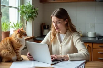 Femme consultant des documents d'assurance pour son chat sur un ordinateur portable avec son chat roux à ses côtés