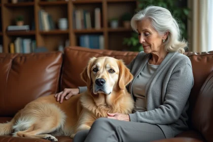 Femme d'âge mûr caressant son vieux chien golden retriever sur un canapé en cuir dans un salon chaleureux