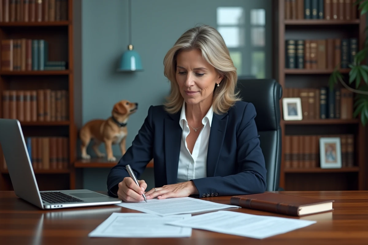 Avocate consultant un dossier juridique lié à un accident impliquant un chien renversé par une voiture