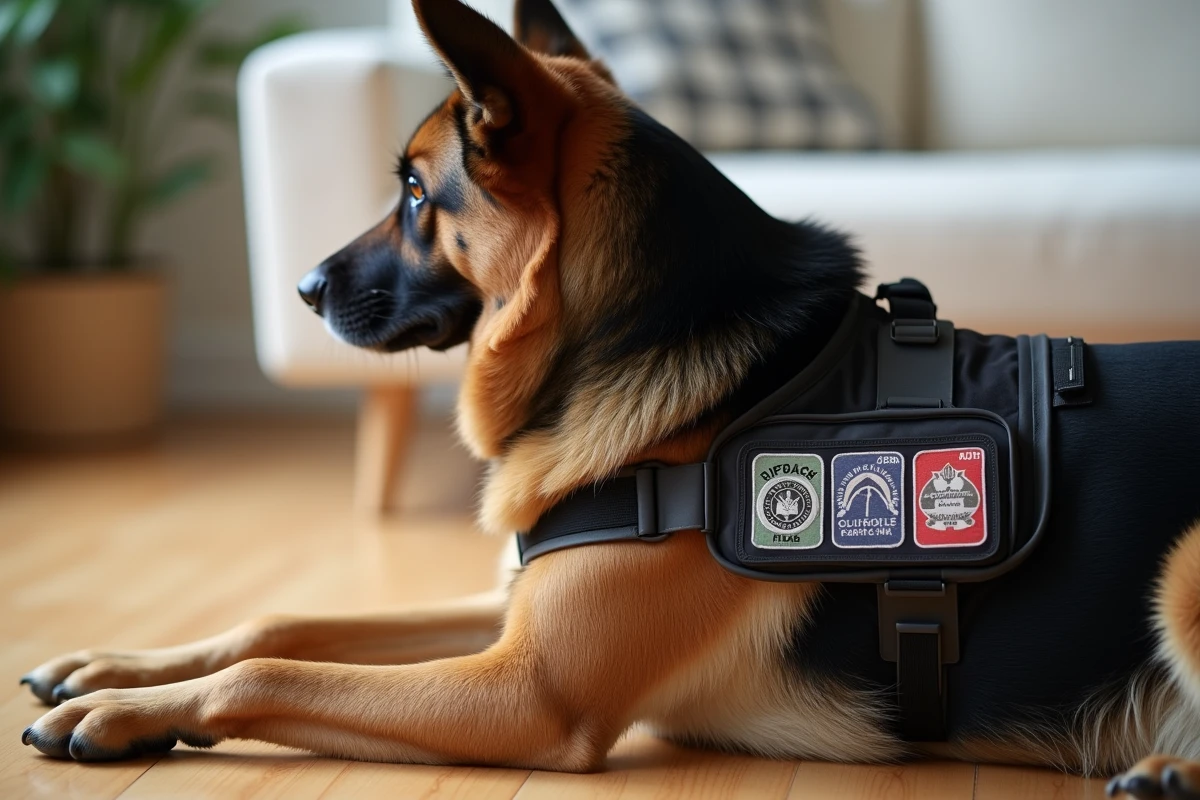 Gros plan du gilet et badge d'identification officiel d'un chien d'assistance berger allemand
