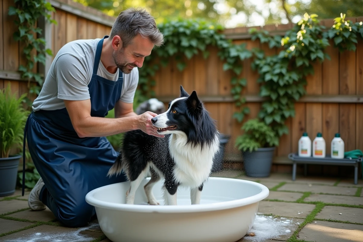 Homme donnant un bain à son border collie dans un bac de toilettage extérieur dans le jardin