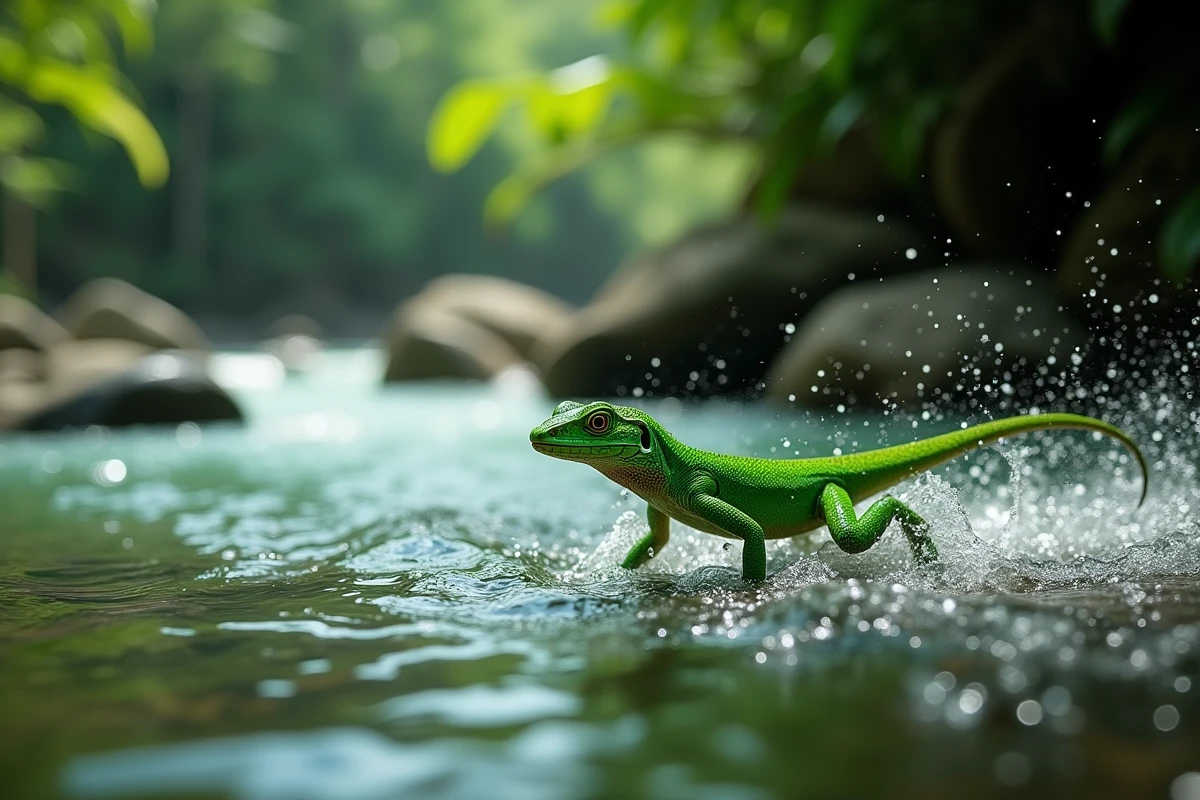 Lézard basilic courant sur l'eau d'une rivière tropicale, gouttelettes d'eau figées en suspension, comportement naturel remarquable