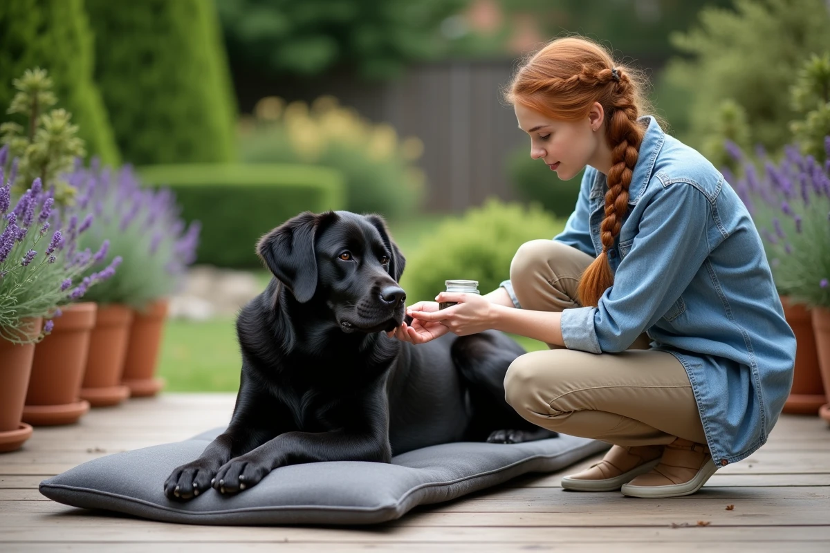 Jeune femme appliquant un baume naturel sur la patte d'un vieux labrador allongé sur une terrasse entourée de plantes médicinales