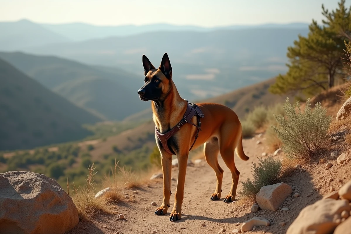 Berger Belge Malinois en pleine nature dans le paysage de garrigue du sud de la France, race de chien très appréciée