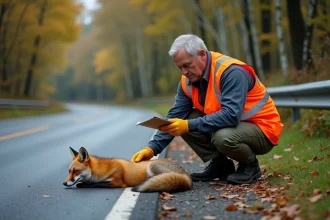Biologiste de la faune sauvage examinant un renard mort sur le bord d'une route rurale en automne