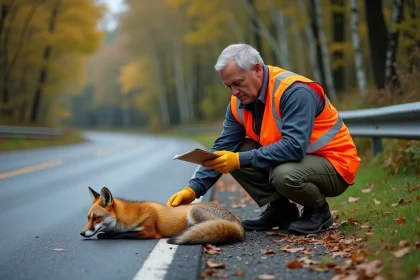 Biologiste de la faune sauvage examinant un renard mort sur le bord d'une route rurale en automne