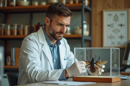Biologiste examinant un spécimen d'insecte étiqueté avec son nom scientifique dans un laboratoire de taxonomie