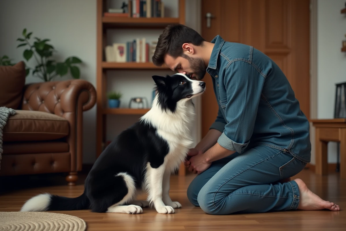 Homme et border collie dans un salon, montrant le lien émotionnel fort entre un chien fidèle et son propriétaire