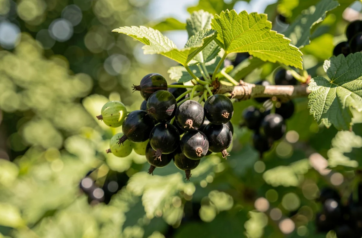 Branche de cassissier avec baies noires et bourgeons verts dans un jardin