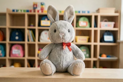 Peluche lapin Bunny Pal posée sur une étagère en bois dans une salle de crèche, jouet doux adapté aux collectivités pour enfants
