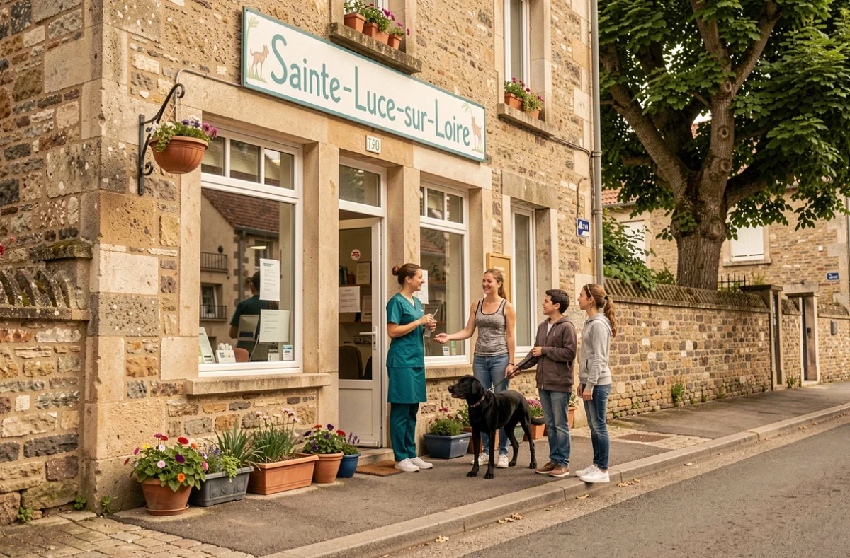 Vétérinaire accueillant une famille avec un labrador devant un cabinet vétérinaire à Sainte-Luce-sur-Loire