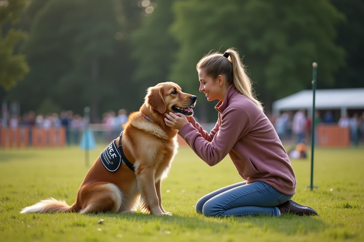 Athlète d'agility 2026 célébrant la victoire avec son golden retriever à la fin du parcours