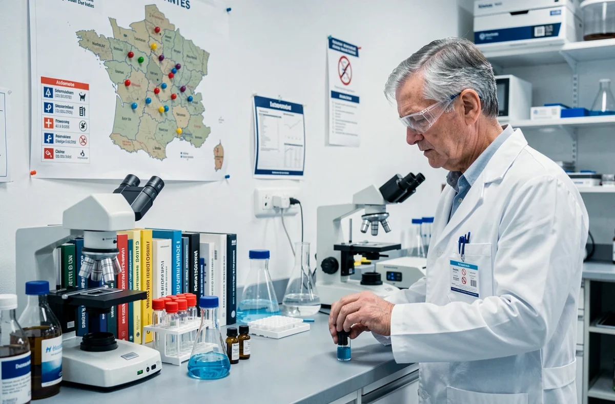 Vétérinaire toxicologue analysant des échantillons dans un laboratoire du Centre Antipoison Animal de l'Ouest à Nantes