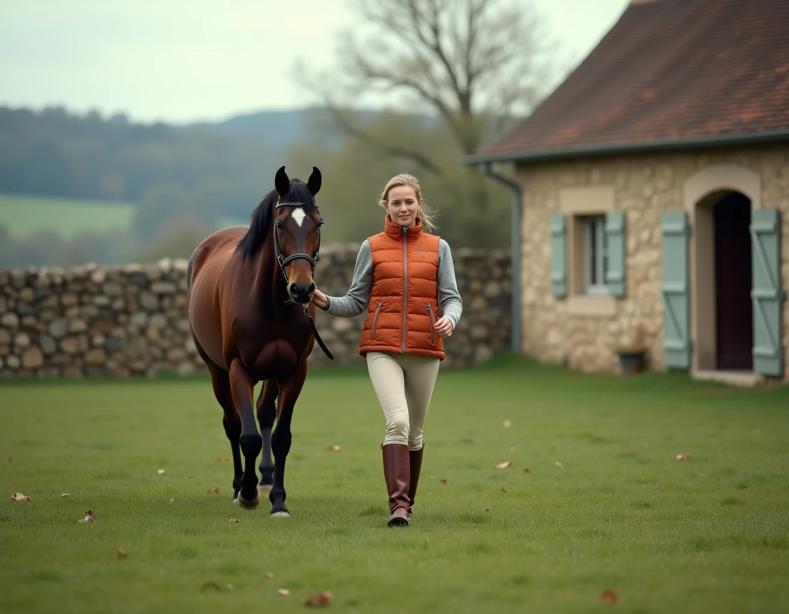 Jeune femme menant un cheval dans un paddock au Centre Équestre de la Barotte dans le Châtillonnais