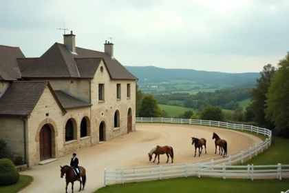 Vue panoramique d'un centre équestre traditionnel en Bourgogne-Franche-Comté avec des écuries en pierre et des chevaux dans les paddocks