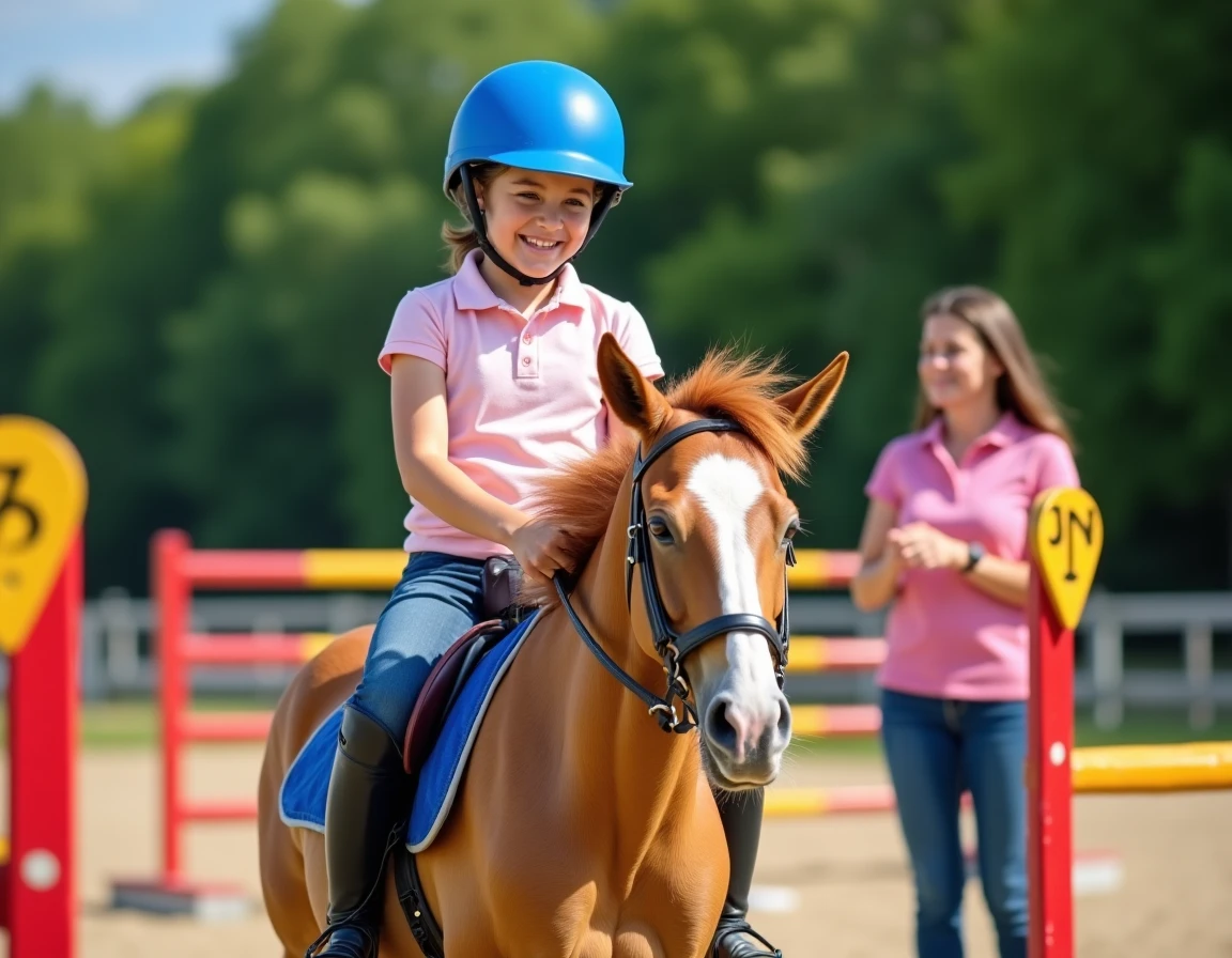 Jeune cavalière souriante sur un poney au Centre Equestre Le Galopin, poney club en Côte-d'Or