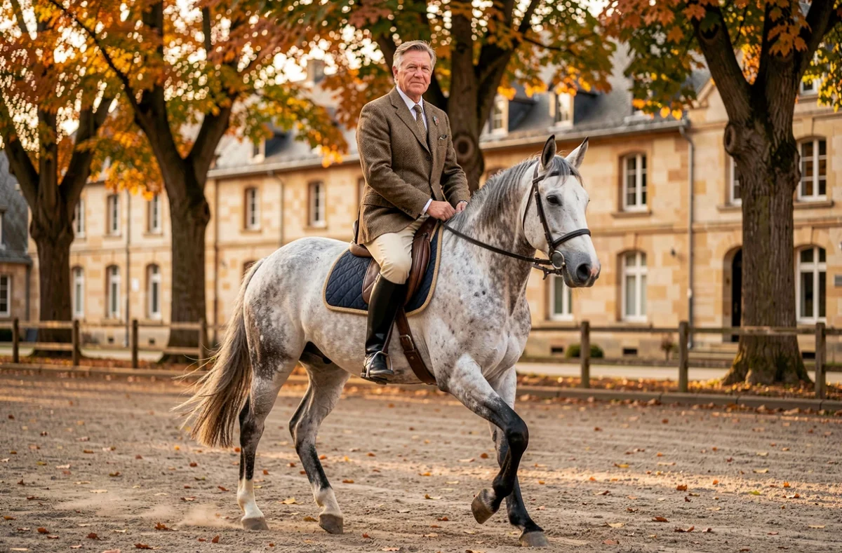 Cavalier expérimenté sur un cheval gris en trot au Centre Équestre de Luxeuil en Haute-Saône
