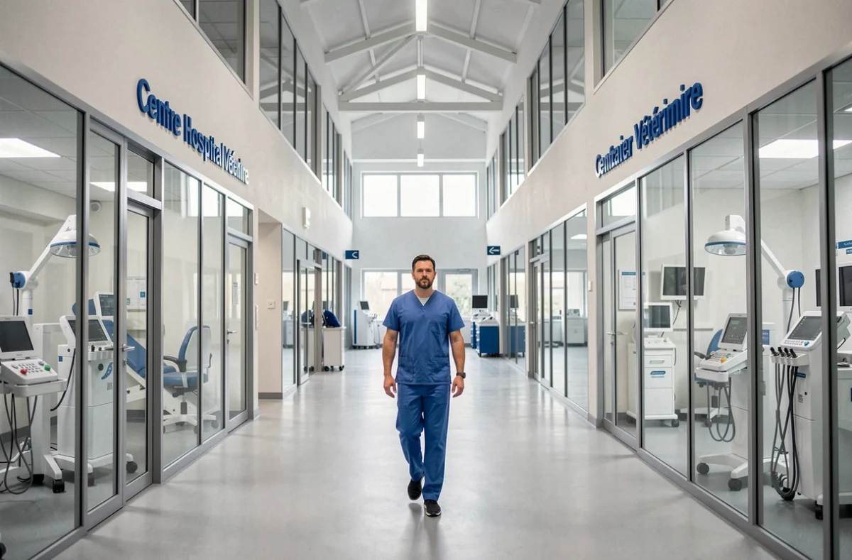 Couloir d'un grand centre hospitalier vétérinaire à Nantes avec un vétérinaire en blouse bleue