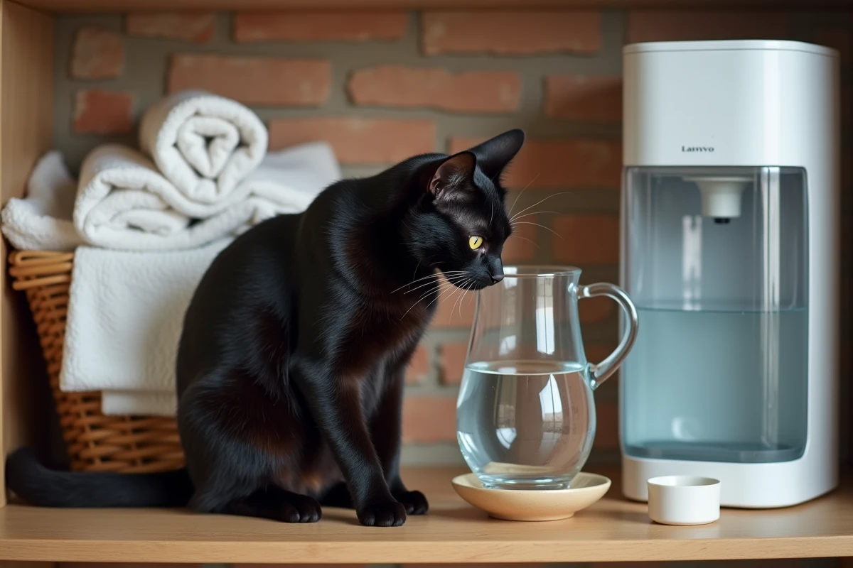 Chat noir assis près d'un adoucisseur d'eau domestique et d'un bol en céramique dans une buanderie