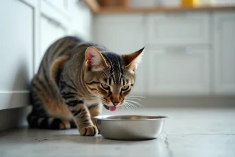 Chat tigré buvant de l'eau dans un bol en inox sur un sol de cuisine en céramique grise