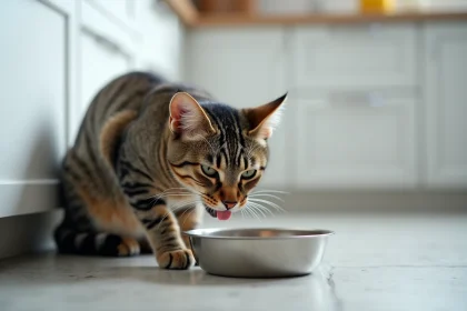 Chat tigré buvant de l'eau dans un bol en inox sur un sol de cuisine en céramique grise