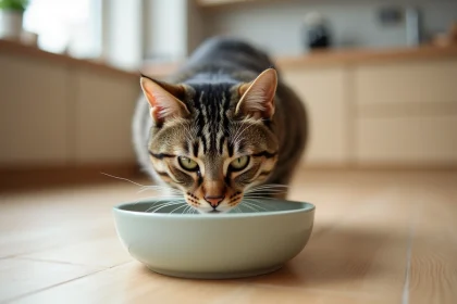 Chat tigré buvant dans un bol d'eau fraîche posé sur un plancher en bois clair dans une cuisine moderne