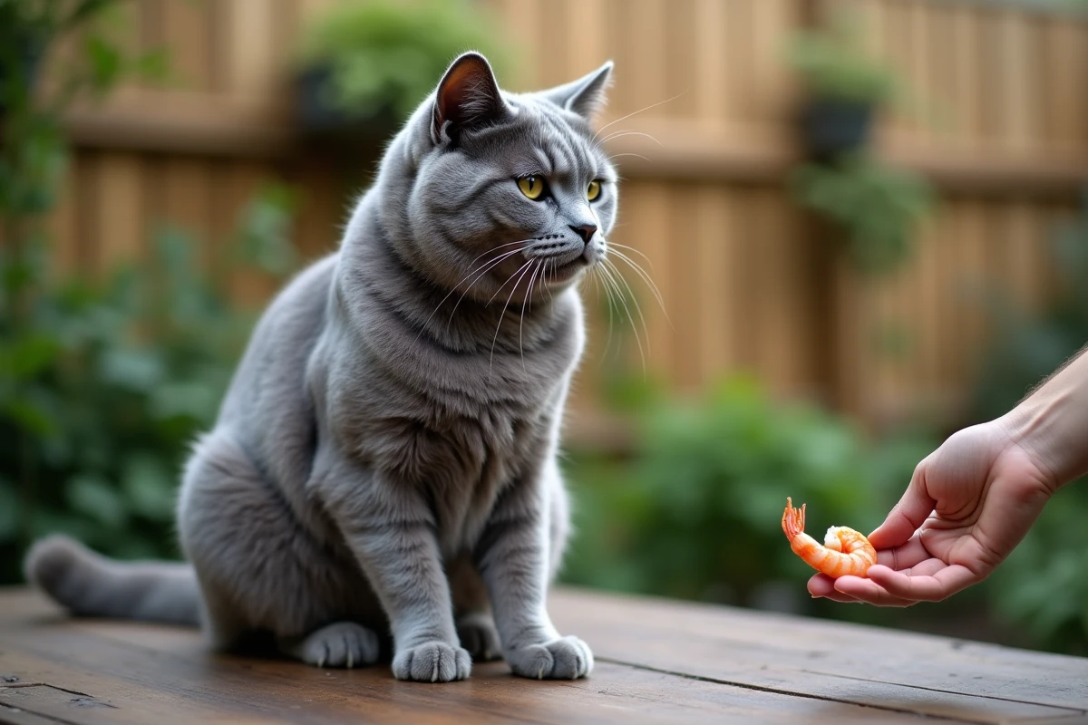 Chat British Shorthair gris acceptant une crevette cuite offerte à la main dans un jardin en bois en extérieur