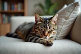 Chat tigré adulte allongé calmement sur un canapé en lin après stérilisation