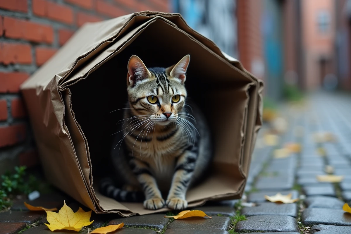 Chat errant tigré gris s'approchant d'un abri isolé en carton et polystyrène dans une ruelle urbaine pavée
