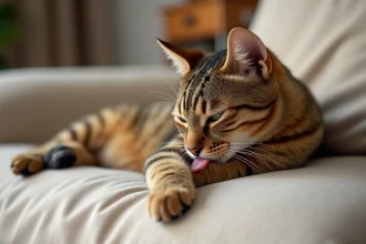 Chat tigré léchant une petite plaie sur sa patte avant, allongé sur un canapé en lin beige dans un intérieur chaleureux