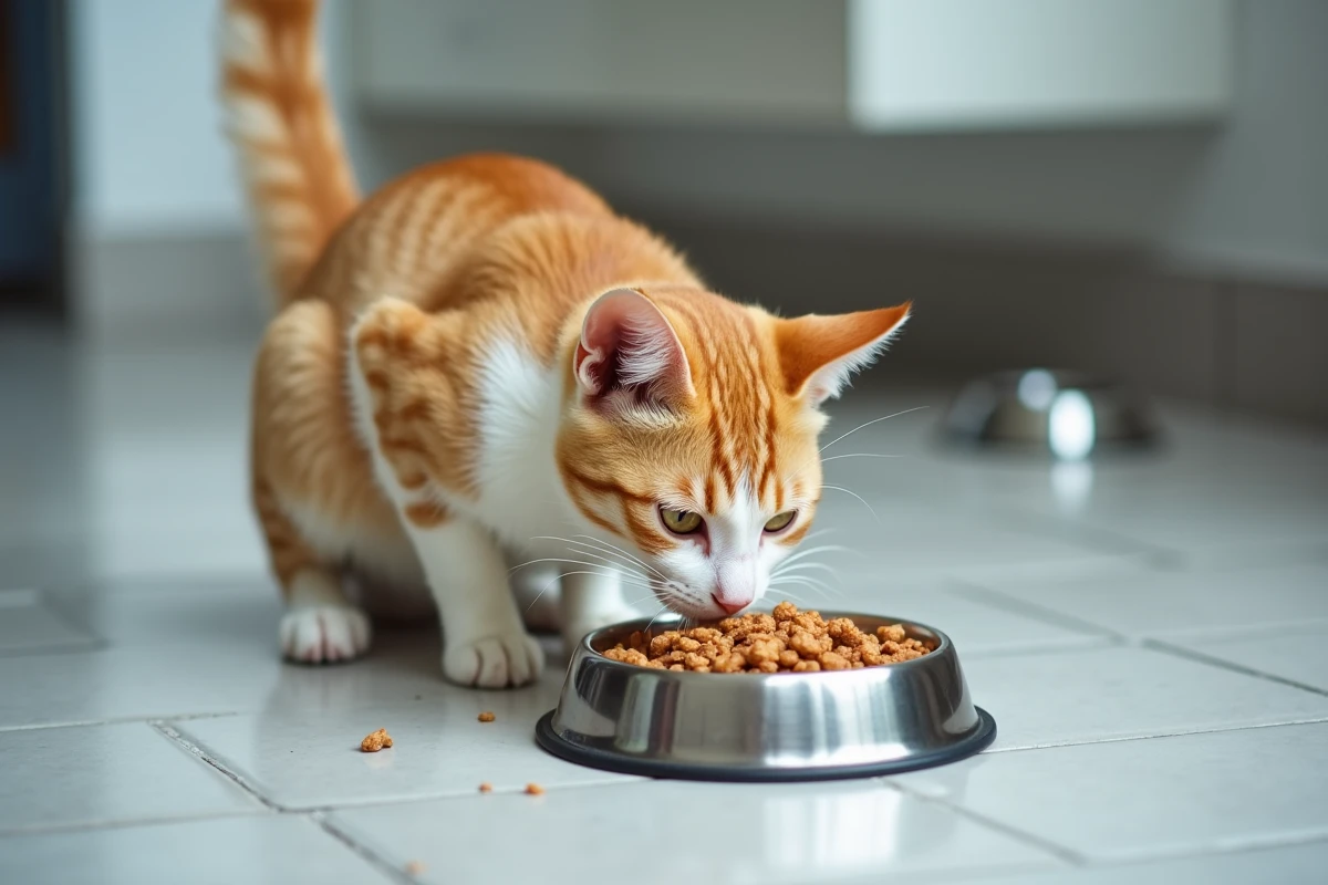 Chat roux mangeant du thon dans une gamelle en inox sur un carrelage gris dans un appartement moderne