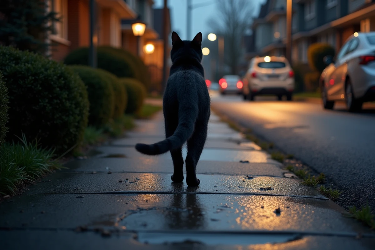 Chat noir et blanc marchant sur un trottoir de banlieue la nuit, rentrant chez lui le soir